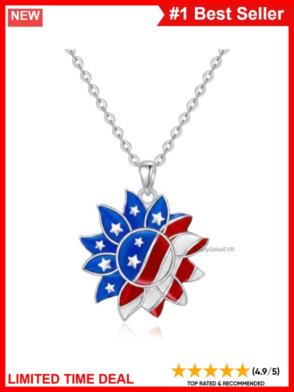 925 Sterling Silver USA Flag Sunflower Pendant Necklace Patriotic Jewelry Gift